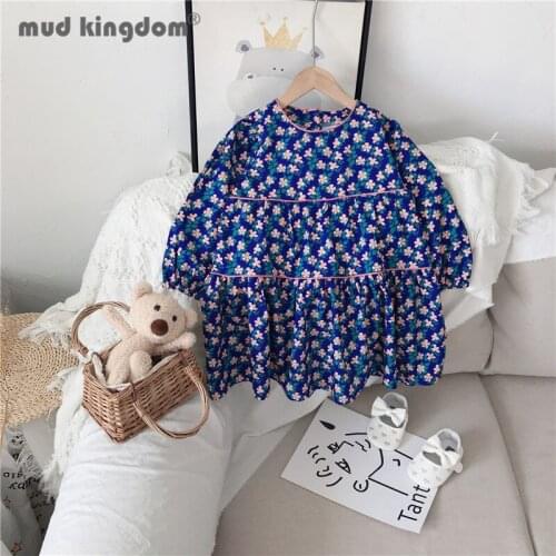 Mudkingdom Girls Floral Dress Casual Loose Puff Long Sleeve Chiffon Dresses Little Girl Crew Neck Clothes for Spring Autumn