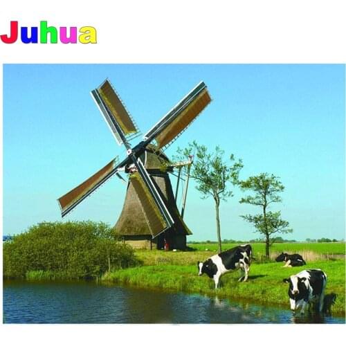 Natural scenery,diamond embroidery the dutch windmill cow diamond painting cross stitch,full rhinestone,mosaic,5d,diy