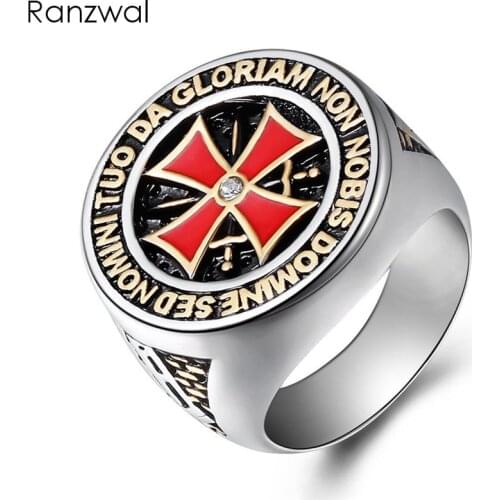 Ranzwal Punk Rock Crusader Cross Stainless Steel Rings for Men Knight Templar Ring Jewelry US SIZE 8~15