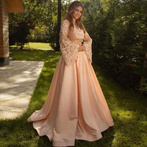 Robe De Soiree Satin Muslim Evening Dresses A-Line Beaded Long Sleeves Turkish Lace Applique Woman Prom Dresses 2021 Gowns Party