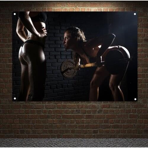 Workout Banner Flag Wall Art Woman With Personal Trainer Doing Exercises Barbell Exercise Poster Painting Tapestry Gym Decor