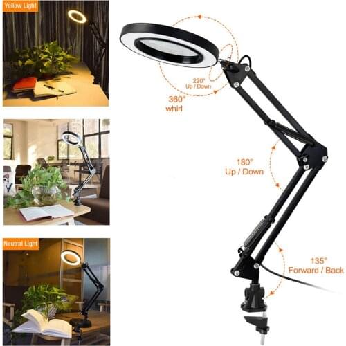Magnifying Glass with 3 Colors LED Light Third Hand Soldering Tool Desk Clamp USB 8X Magnifier Welding/Reading 8W Table Lamp