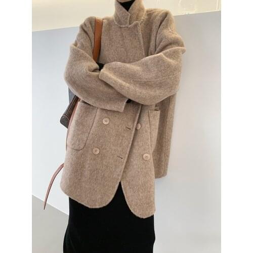 High-end alpaca soft waxy double-breasted double-breasted cashmere coat woolen coat female 21 years new
