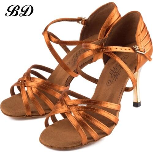 Top Grade Dance Shoes Ballroom Women Latin Shoe Imported Satin Comfortable Sweat Insole Heel 7.5cm TAN BD 2324 Sandals FREE BAG