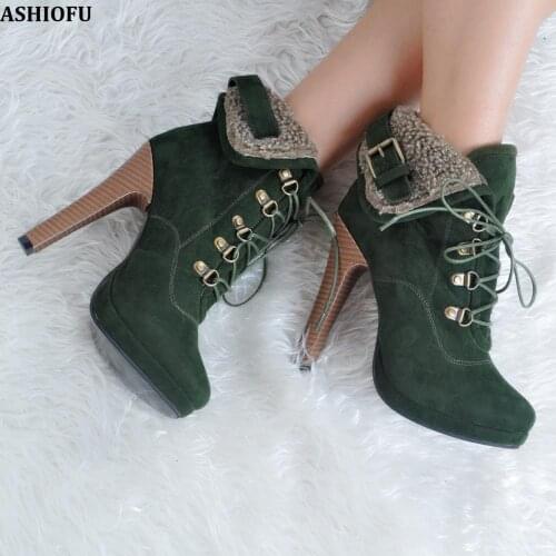 ASHIOFU Handmade New Ladies High Heel Boots Shoelace Retro Warm Ankle Boots Fashion Buckle Deco Winter Short Boots Shoes