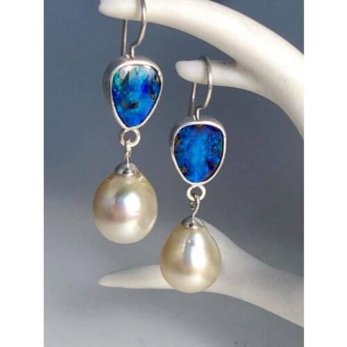 Blue Opal & Pearl Ear Earrings For Women Vintage Fashion Jewelry Charming Multicolor Birthstone Dangle Earrings