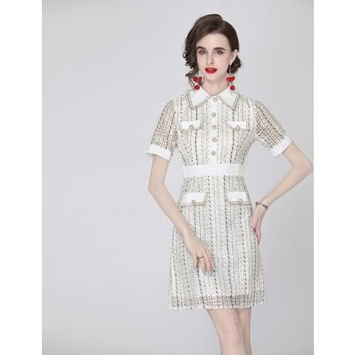 Temperament Office Lady Mini Dress 2021 Runway Vintage Summer Elegant Lace Lapel High Waist A-Line Party Dress Robe Vestidos