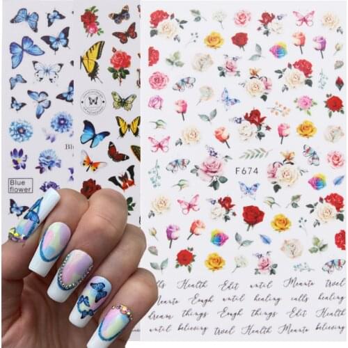 1PC Blue Gold Butterfly 3D Nails Stickers Flowers Rose Self-adhesive Slider Nail Art Decorations Manicure Transfer Decals