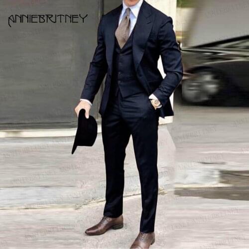 2020 Classic Navy Blue Suit Men 3 pieces Custom Size Groom Prom Wedding Suits Tuxedos Business Men Suit Blazer Vest Pants Set