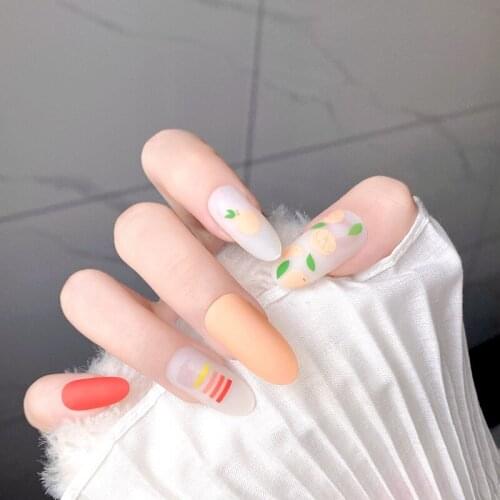 2021 Fake Nails with Designs Orange Matte Pattern False Nails Long Almond Nails Wave Streak Full Cover Nail Tips Press On Nails