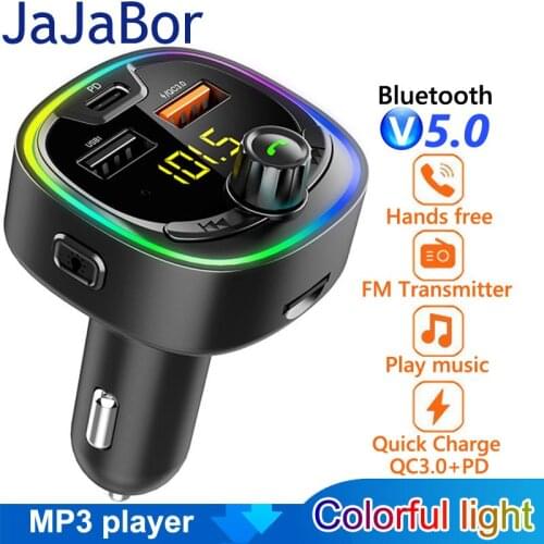 JaJaBor Bluetooth 5.0 Car Kit Handsfree FM Transmitter Audio Music Mp3 Player QC3.0 Quick Charge Dual USB Car Charger