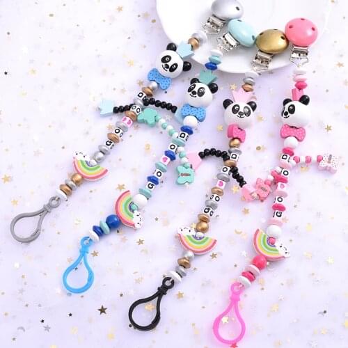 New 4 Colors Personalized Handmade Pacifier Clip Baby Wooden Cartoon Animal Head Teething Beads Infant Pacifier Clip