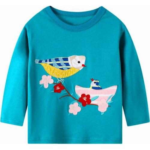 27kids Girls Spring Autumn Cotton Toddler Baby Bird and Flowers Pattern Tops Long Sleeve T-Shirt Casual Embroidery Clothing
