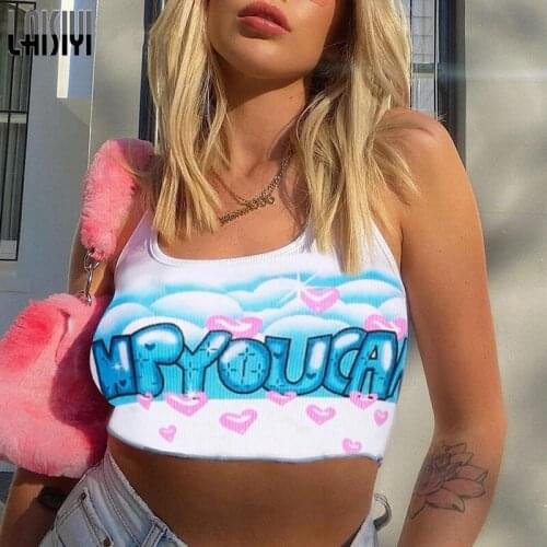 LAISIYI Letter Print White Halter Backless Top Summer Casual Sleeveless Crop Tops Tees Women Fashion Camis Tanks Streetwear