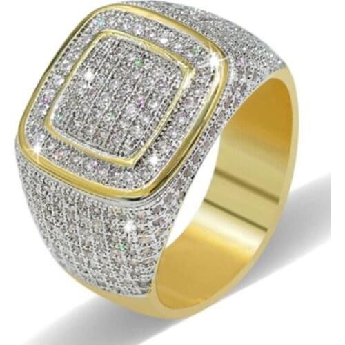 Hip Hop Rhinestone Iced Out Bling Square Ring Luxury Gold Color Micro Pave CZ Rings For Mens Wedding Jewelry Gift L5N942