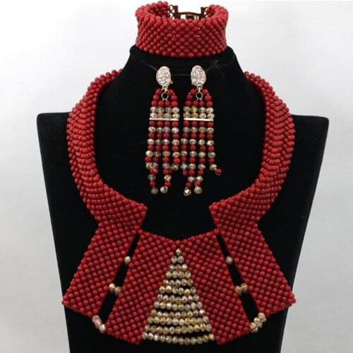 Luxury Red Nigerian Wedding Coral Beads Statement Necklace Set Gold Crystal Chunky Bib Lady Jewellery Set Free Shipping CNR508