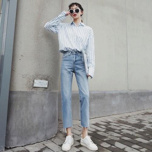2021 Autumn New Comfortable Fashion Breathable High Waist Boyfriend Jeans Womens Pants Straight Cropped Trousers Do Old