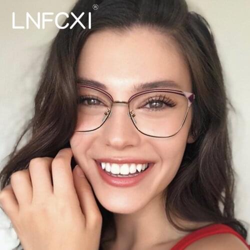 LNFCXI Retro Cat Eye Women Metal Glasses Frame Fashion Clear Anti Blue Light Optical Eyewear Men Spring Hinge Computer Glasses