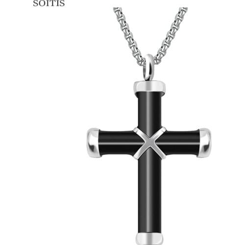 SOITIS Black Double Line Bundled Cross Shape Fillabled Pendant Necklace Fashion Keepsake Classic Unisex Remembrance Gift