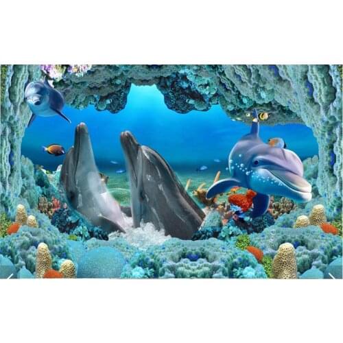 Custom 3d flooring painting wallpaper Dolphins underwater 3 d floor painting wall papers for living room Wall Stickers