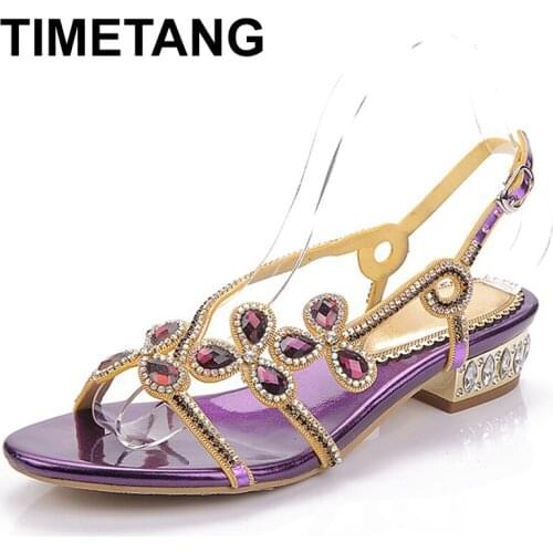 TIMETANG 2021New Summer Rhinestone Gladiator Peep Toe Crystal Sandals Low Heels Women Sandals Bridesmaid Wedding PartyShoesE1043