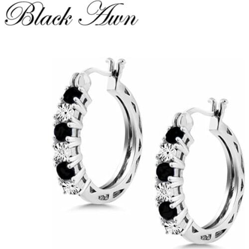 Black Awn New Classic 925 Sterling Silver Round Black Trendy Spinel Engagement Hoop Earrings for Women Fine Jewelry I174