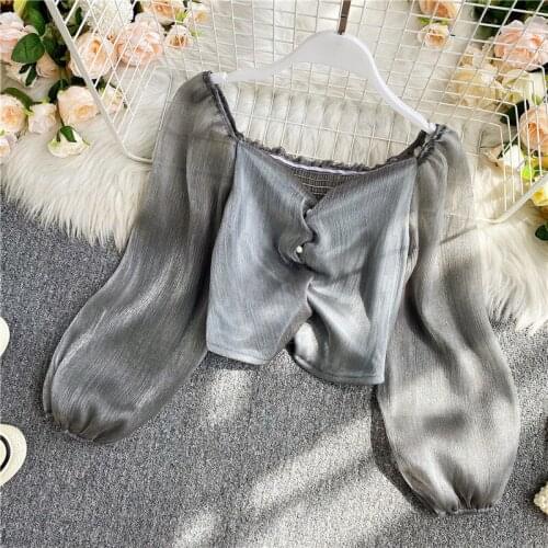 French Puff Sleeves Luster V Neck Tops Women Wrinkle Fashion Long Sleeves Chic Crop Tops Shirt Tunic Tunieken Camiseta Mujer