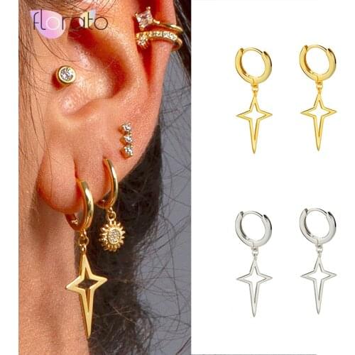 Minimalist earring 925 sterling silver cross hoop Earrings For Women Tiny silver hoops, Star charm earrings, Dangle hoops A30