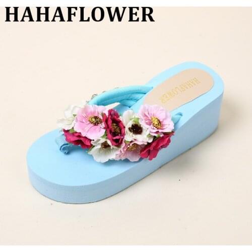 HAHAFLOWER Fashion Open Toe Female Blue Sandal Shoes Woman Pink Diy Word Drag Lace Inlaid Wedge Slope Lady Woman Shoes