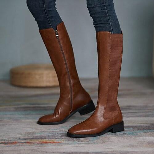 High Quality 2021 New Winter Concise Genuine Leather Women Vintage Knee High Boots Party Prom Shoes Woman Side Zipper Long Boots