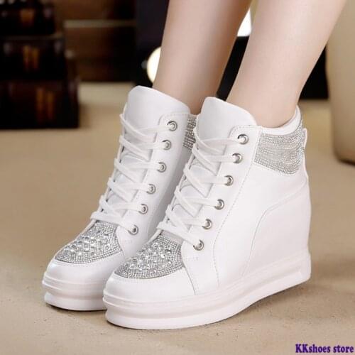 High Top White Shoes Woman Platform Rhinestone Female Fashion Casual Shoes Wedge Heel 2020 New Lady Leisure Sneakers Woman Shoe