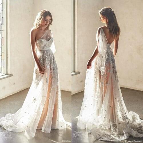 One Shoulder Boho Wedding Dresses Appliques A Line Backless Beach Wedding Dress Custom Made Bohemian Bridal Gowns Robe De Soiree