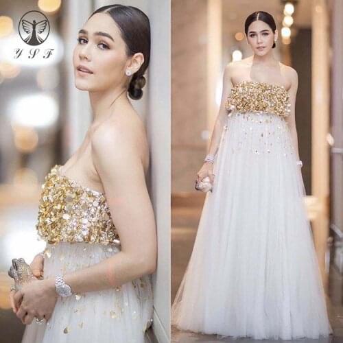 2020 Best Selling Off the Shoulder Strapless Beaded Gold Sequins Heavily Maternity Prom Dresses for Pregnant