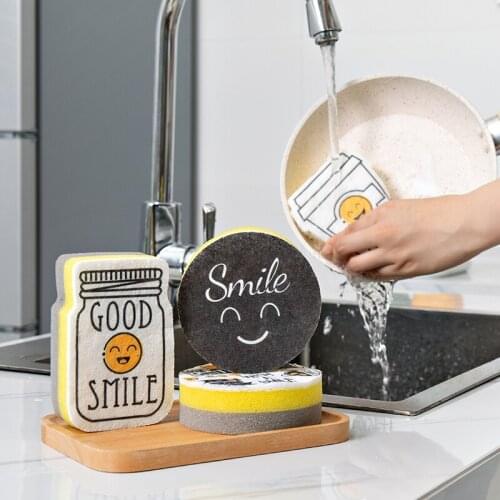 4 PCS Creative Smiley Face Thick Sponge Strong Decontamination Dish Washing Cloth Home Kitchen Cleaner Sponges Scouring Pads