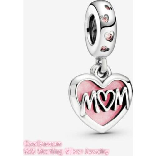 Mothers Day 100% 925 Sterling Silver Mom Script Heart Dangle Charm beads Fits Original Pandora bracelets Jewelry Making