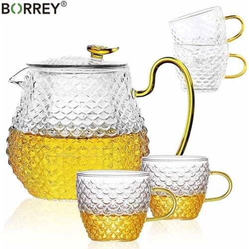 BORREY Hammered Glass Teapot Set Contains 4TeaCup 17.5oz/500 ml Teapot With Removable Filter Puer Kettle Kung Fu TeaSet Gift Box