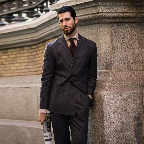 Double Breasted Wool Jacket Slim Fit Wedding Groomsman Blazer Black Mens Suits Smoking Business 2 Peice Set Outcoat+Pants 2021