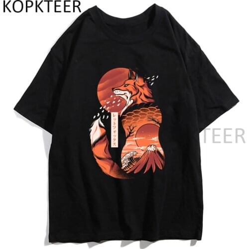 Harajuku Fox Print Japanese Style T-shirts Summer Men Women T-Shirt Streetwear Funny T Shirt Summer Short Sleeve Ulzzang Tops
