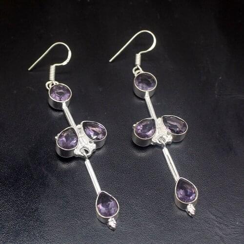 Gemstonefactory Big Promotion 925 Silver Gemstone Charm Purple Amethyst Women Ladies Gifts Dangle Drop Earrings 20212428