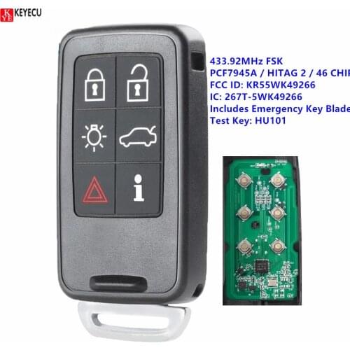 KEYECU Keyless-Go FSK 434MHz ID46 Smart Remote Key Fob 6B for VOLVO S60 S80 V40 V60 V70 XC60 XC70 2007-2016 FCC ID: KR55WK49266