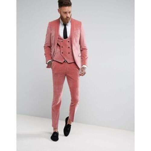 TPSAADE 3 Pieces Fashion Winter Groom Wedding Dress Slim Fit PINK Velvet Mens Tuxedo Suit (Jacket + Vest + Pants) Custom Size
