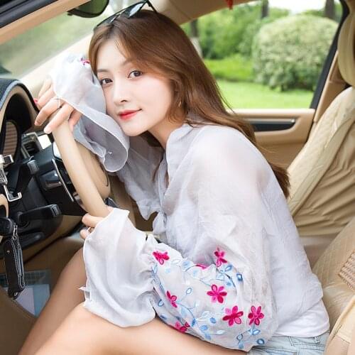 Summer Womens Sun Protection Gloves Long Driving Cycling Anti-UV Embroidered Oversleeves Arm Cover Thin Sleeves