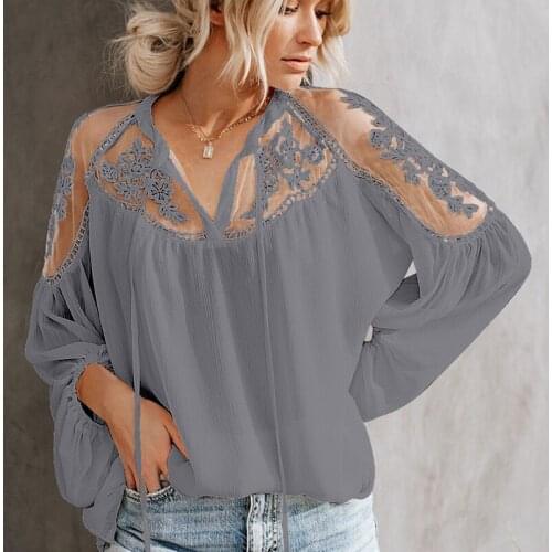 Fashionable and Loose New Sexy Perspective V-neck Lace Shirt Chiffon Shirt Summer Top 2021 Woman Tops Button Lantern Sleeve