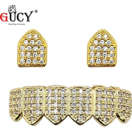 GUCY Gold 2PCS Single Top Tooth Grills Iced Out Top & Bottom Grillz Set Dental Hiphop Teeth Caps Halloween Vampire Teeth Jewelry