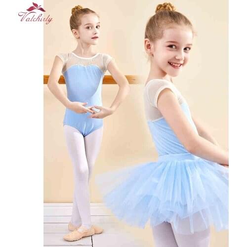 New Design Girls Short Sleeves Ballet Leotard Bodysuit Comfortable Netting with Puffy Ballet Tutu for Kids