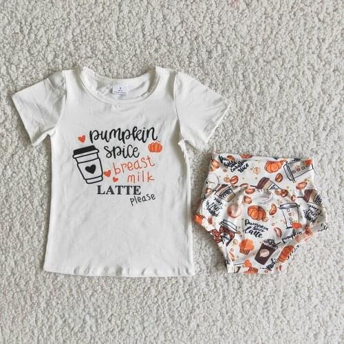 New Style Kids Fashion Pumpkin And Cakes Print Outfit Little Girls Letters Design 2Pieces Set
