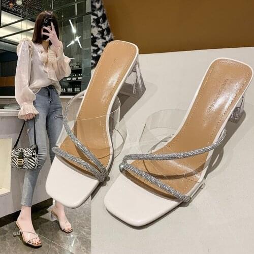 Transparent PU slippers crystal thick heel square toe rhinestone slippers sexy casual shoes open toe transparent slippers