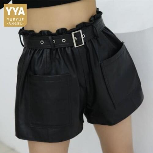 Wide Leg Genuine Leather Shorts Office Lady High Waist Sheepskin Black Casual Sashes Pockets Women Spring Autumn New Shorts