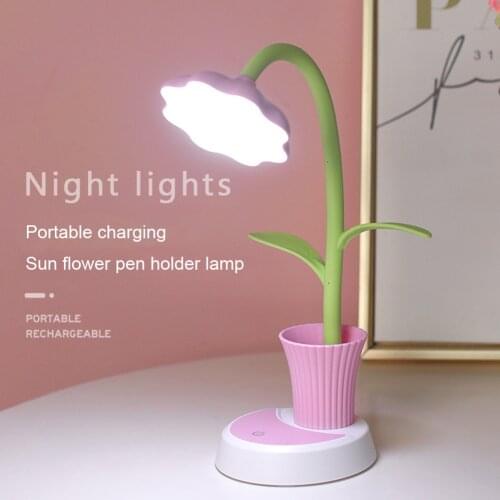 USB Chargeable LED Table Lamp 2 In 1 Sun Flower LED Desk Lamp with Pen Holder Children Reading Learning Eye Protect Night Light