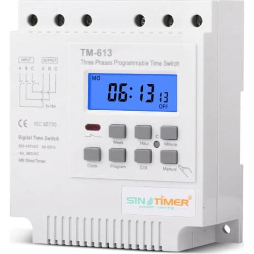 TM613 380V 16A Three Phases Digital 7 Days Programmable Relay Timer Switch Exhaust Water Pump Motor Intelligent Time Controller